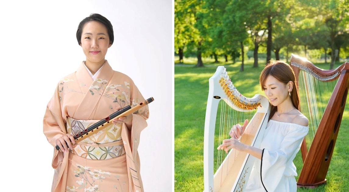 着物姿で篠笛を持っている女性（望月美都輔さん）の写真とハープを弾いている女性（児島祐子さん）の写真を組み合わせた画像