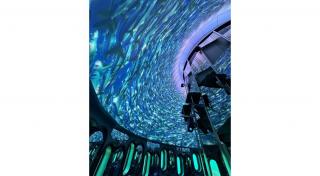写真：玄海海中展望塔の内部。天井に海を泳ぐ魚のプロジェクションマッピングが施されている様子を別の角度で撮影したもの