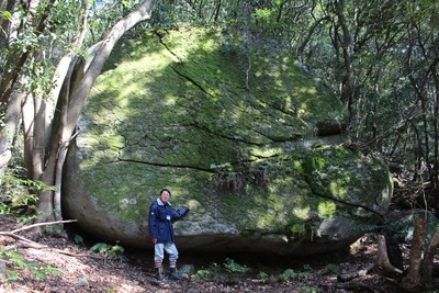 写真：苔むした巨大な岩と岩によりかかる男性