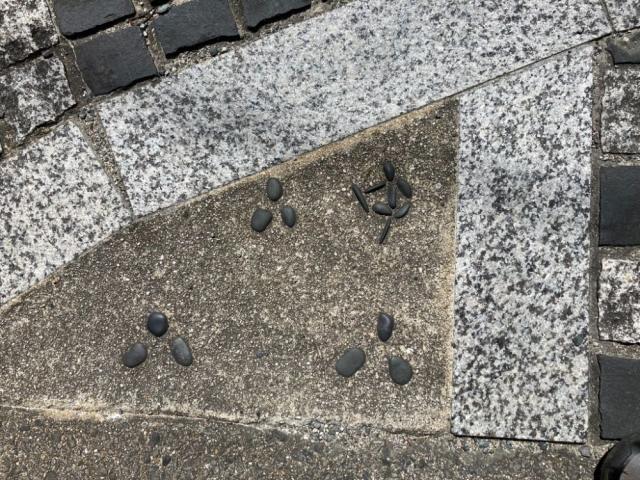 写真：小石をひらがなの「ゆ」の形にならべて埋め込んだコンクリート舗装路