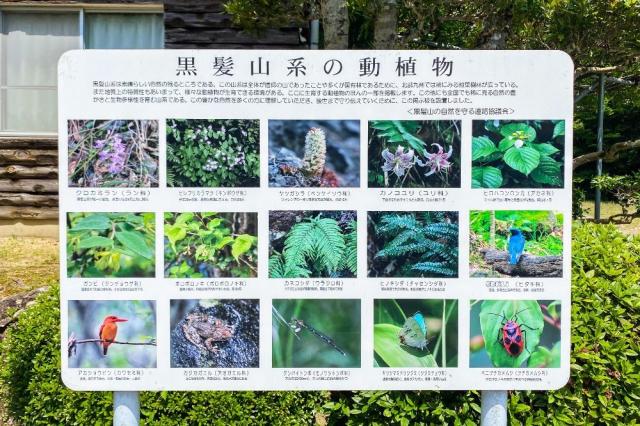 写真：駐車場に設置されている黒髪山系の動植物を紹介する看板