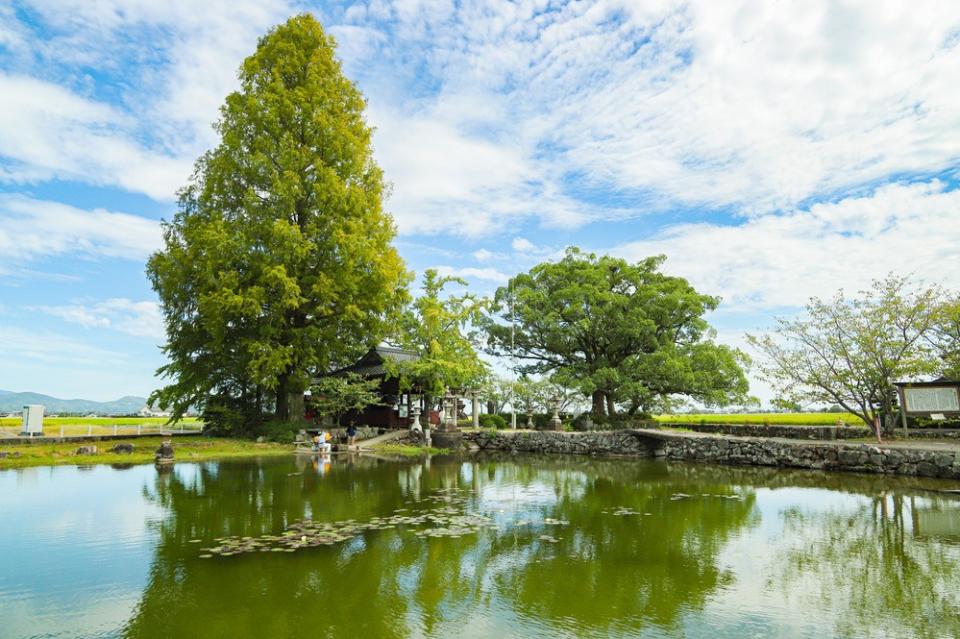 写真：ほとりにある木々や社が水面に写り込んだ縫ノ池の様子