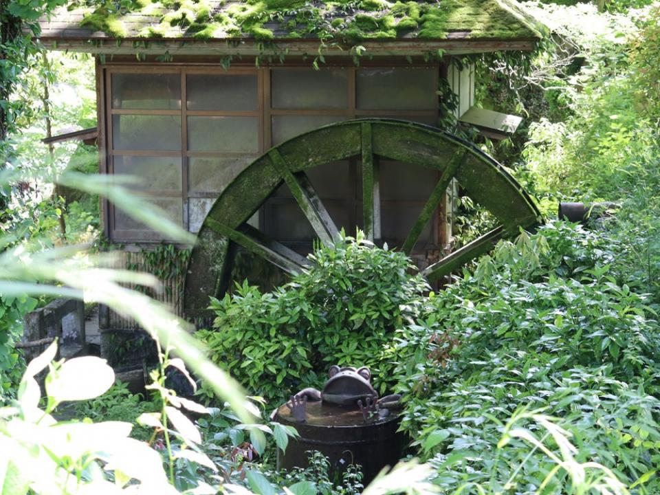 写真：草木に囲まれた水車小屋の前に湯船につかってくつろぐカエルの石像がある様子