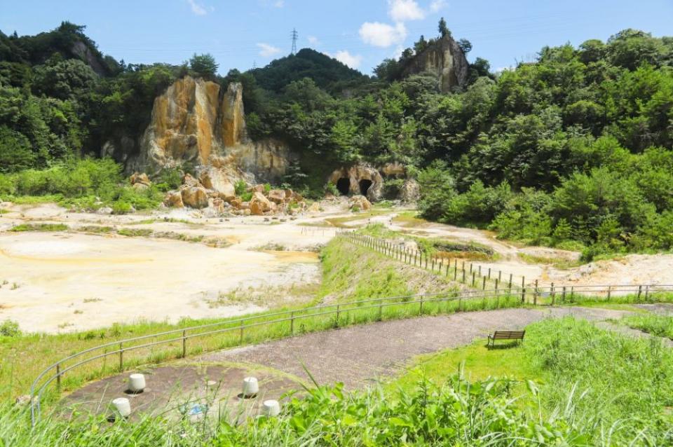 写真：泉山磁石場の遠景。手前に草むらがあり、画面奥に採石を行った洞穴が見える